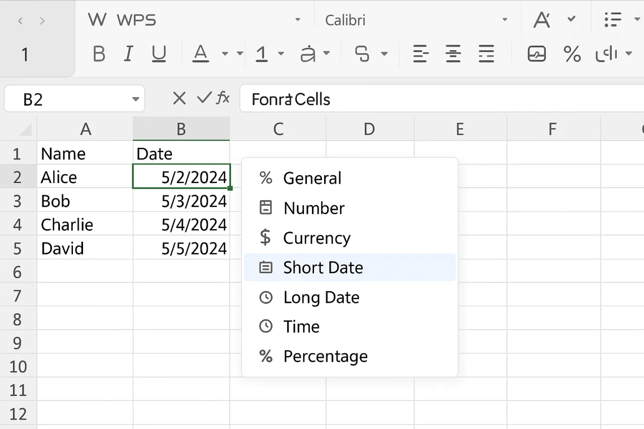 WPS如何在表格单元格中设置日期格式？